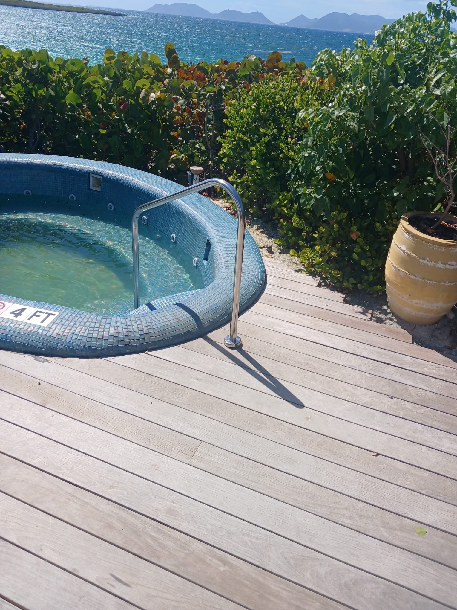 Polished stainless steel handrail on a mosaic-tiled plunge pool with an ocean view